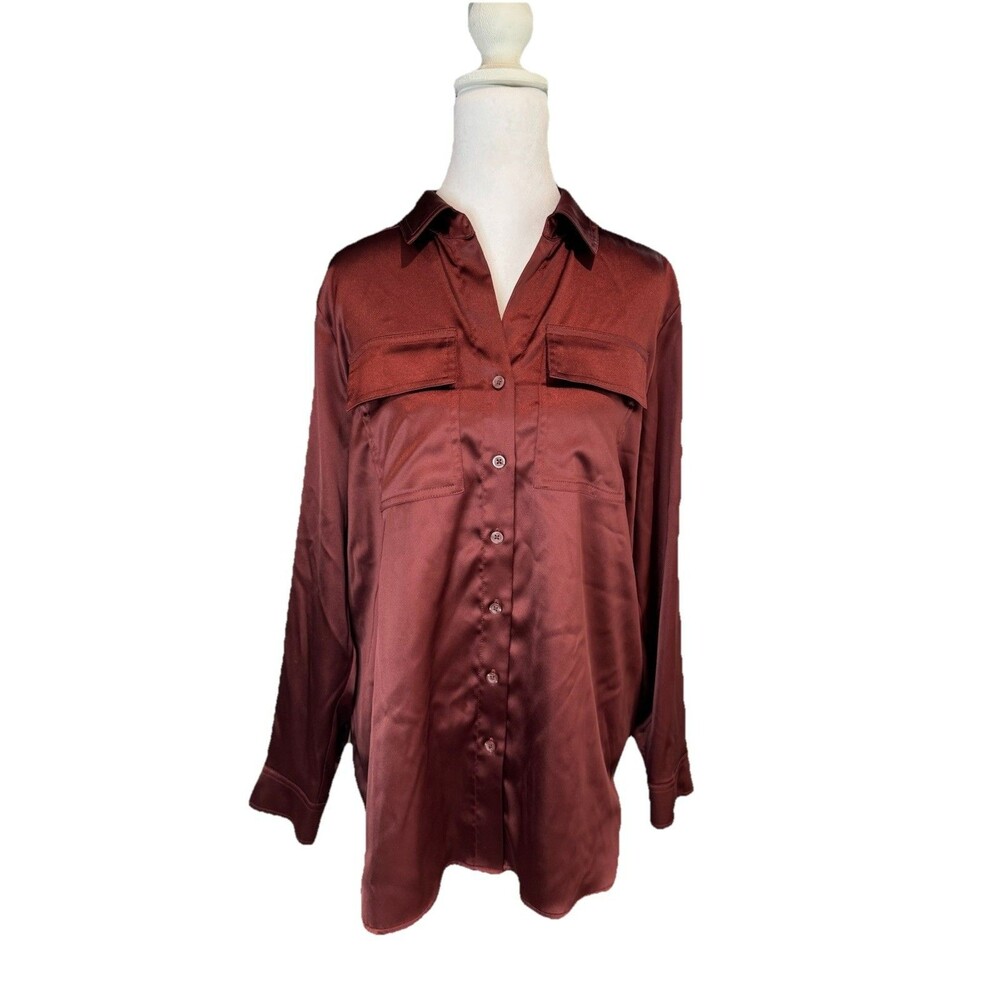 Simply Vera Vera Wang Shirt Size S Plum Burgundy Satin Utility Pockets Women's